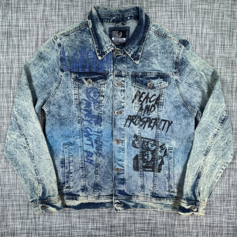 Black Pike Men's Large Acid Wash Denim Jacket Graphic City Skyline Grunge Y2K